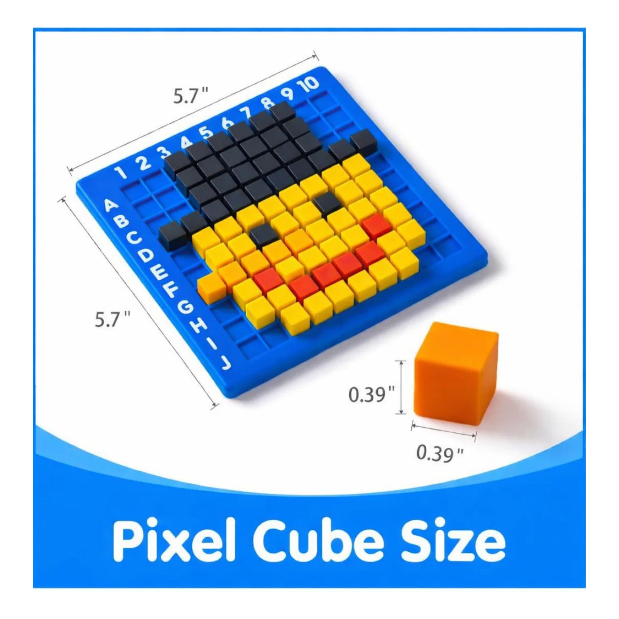 Pixel cube set with a face design and measurement details on a blue background