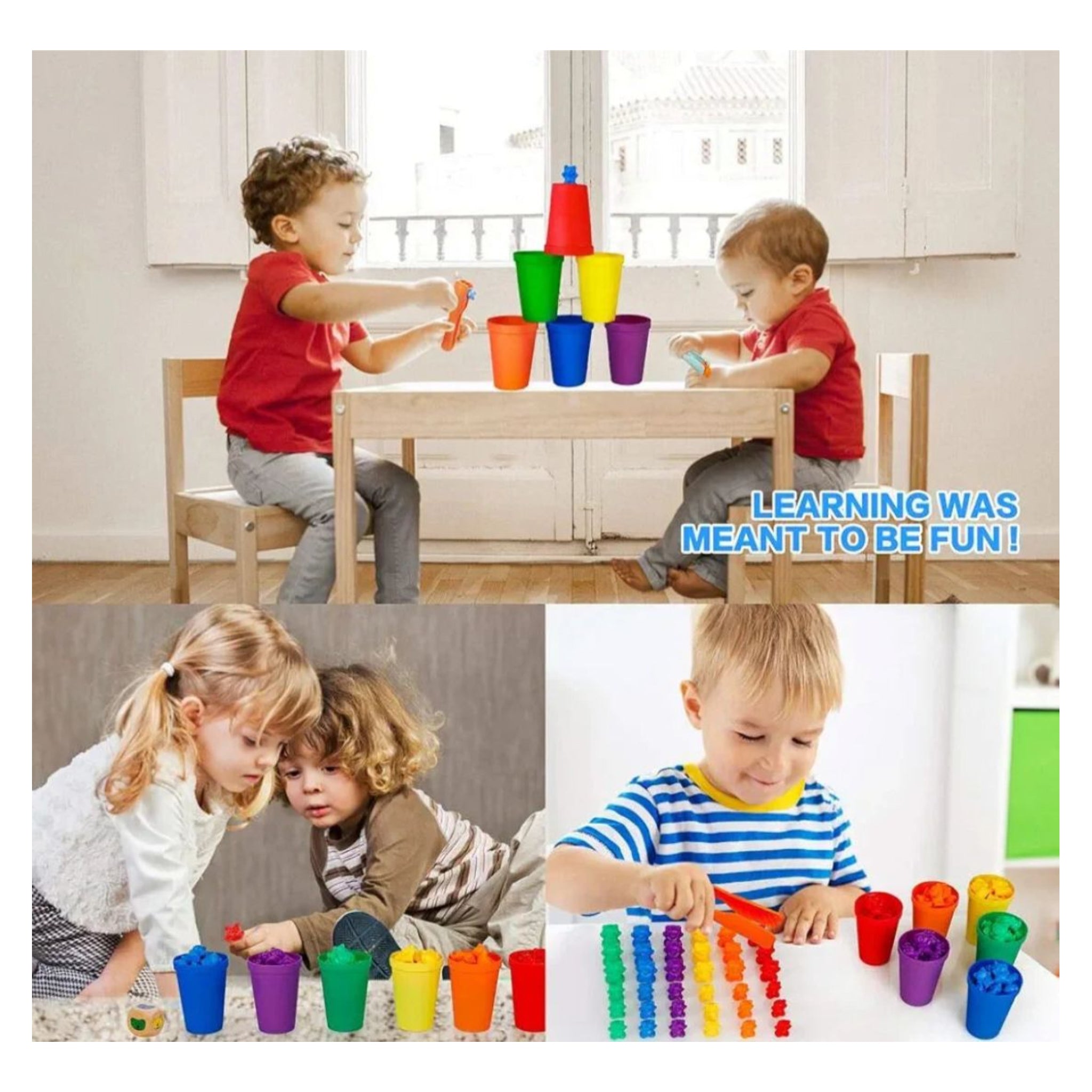 Children playing with colorful educational toys in a home setting.
