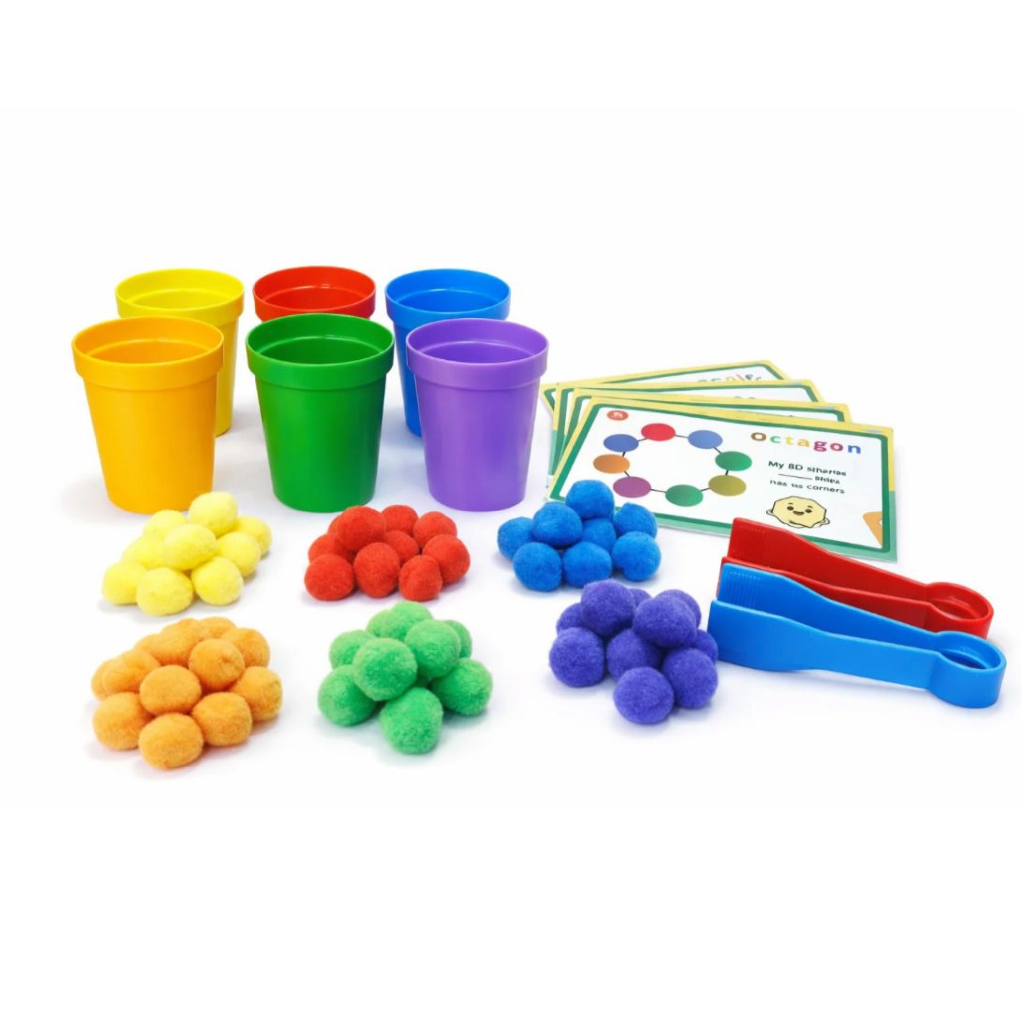 Colorful educational toys including cups, balls, and cards on a white background