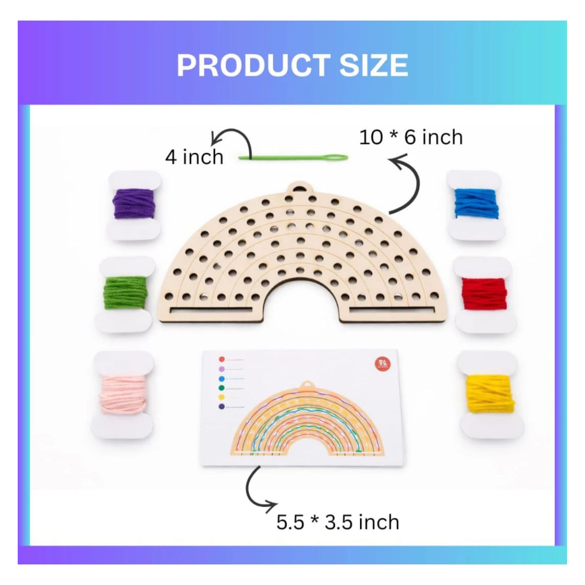 Wooden loom with colorful threads and product size measurements on a white background