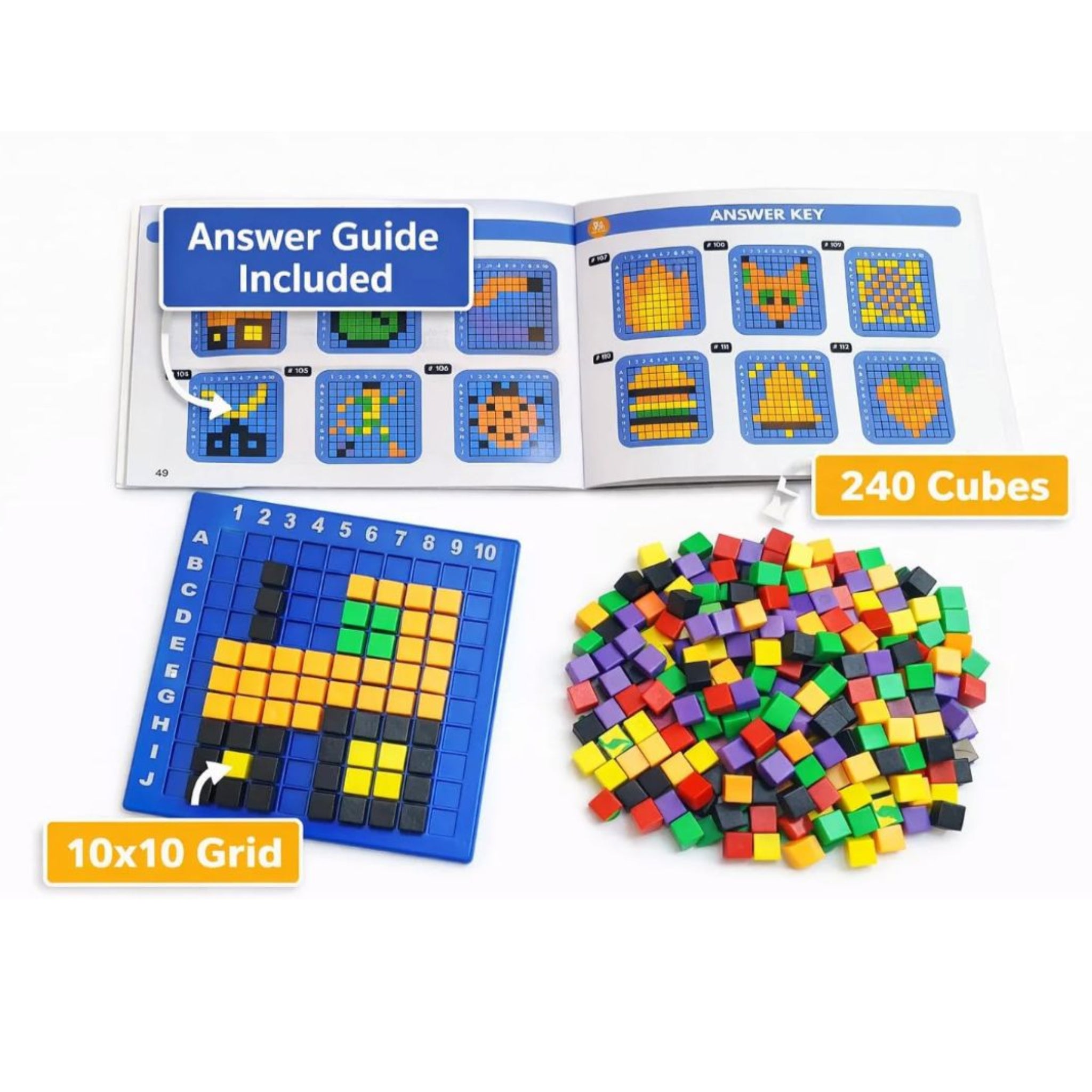Colorful building cubes with grid and answer key on a white background