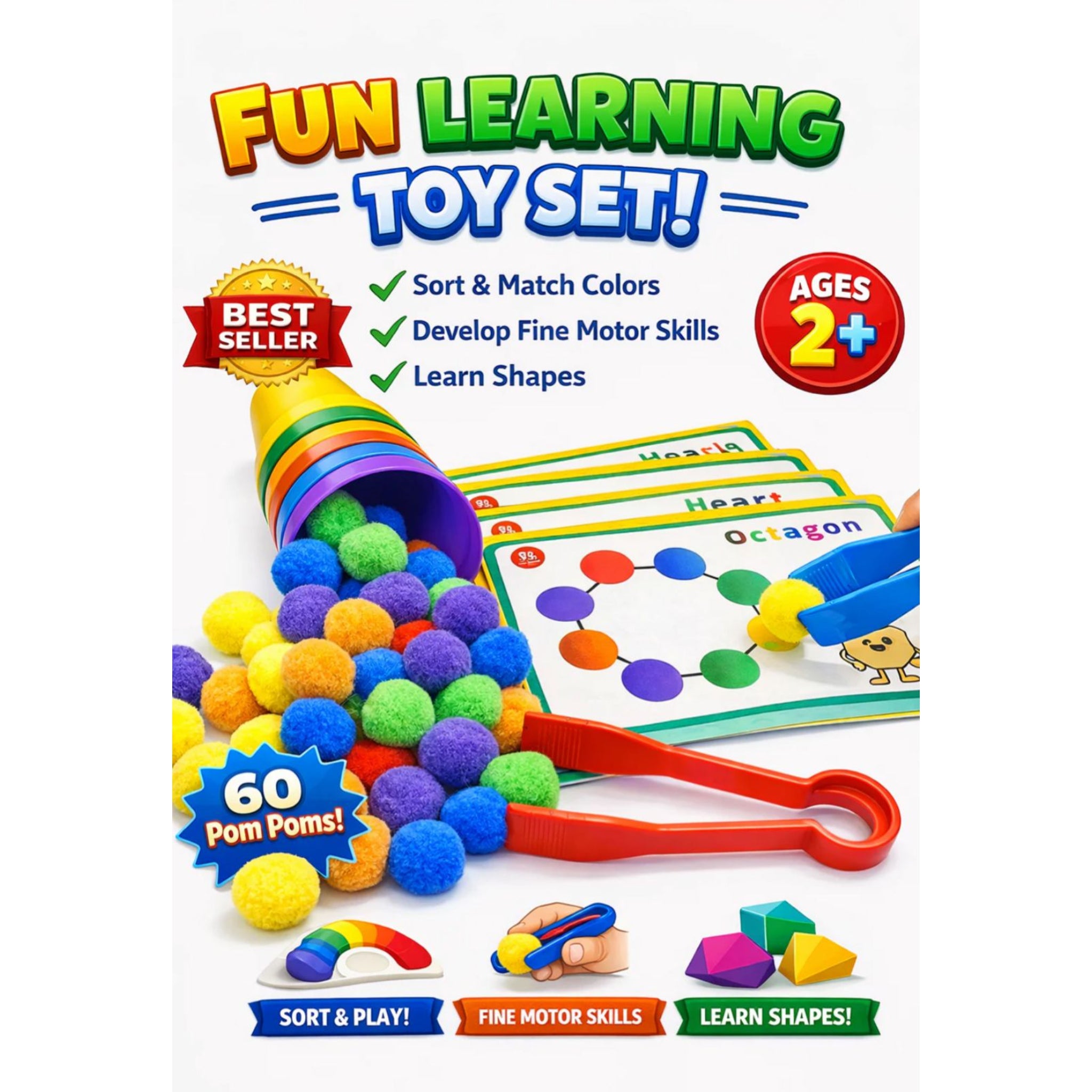 Colorful learning toy set with pom poms and sorting tools on a white background
