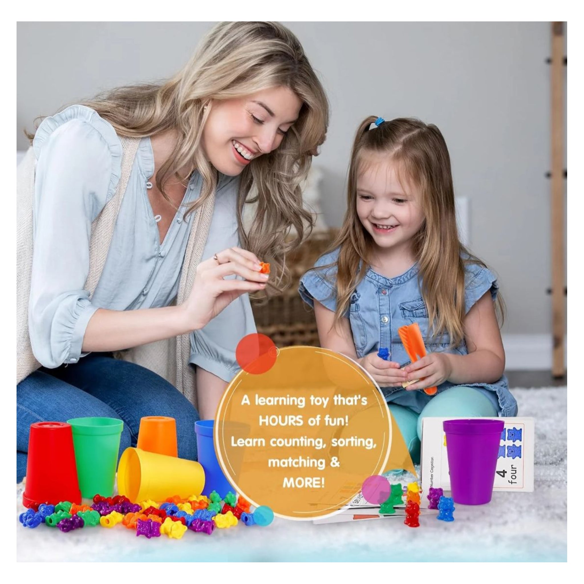 Woman and child playing with colorful educational toys in a home setting