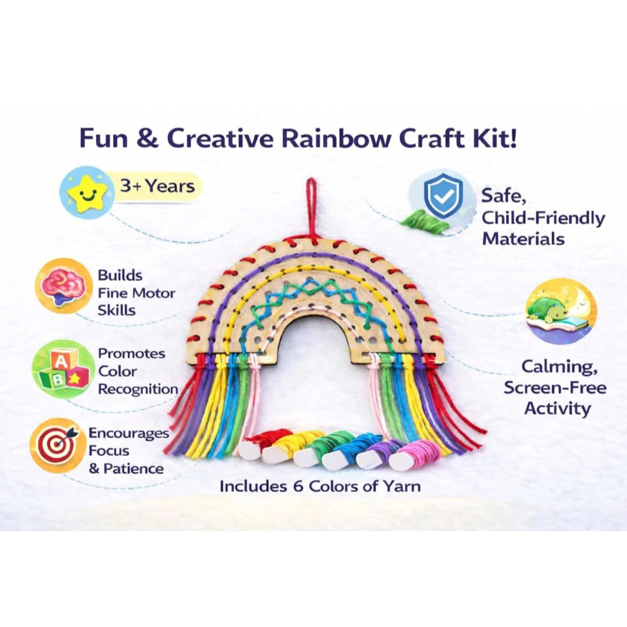 Rainbow craft kit with colorful yarn on a white background