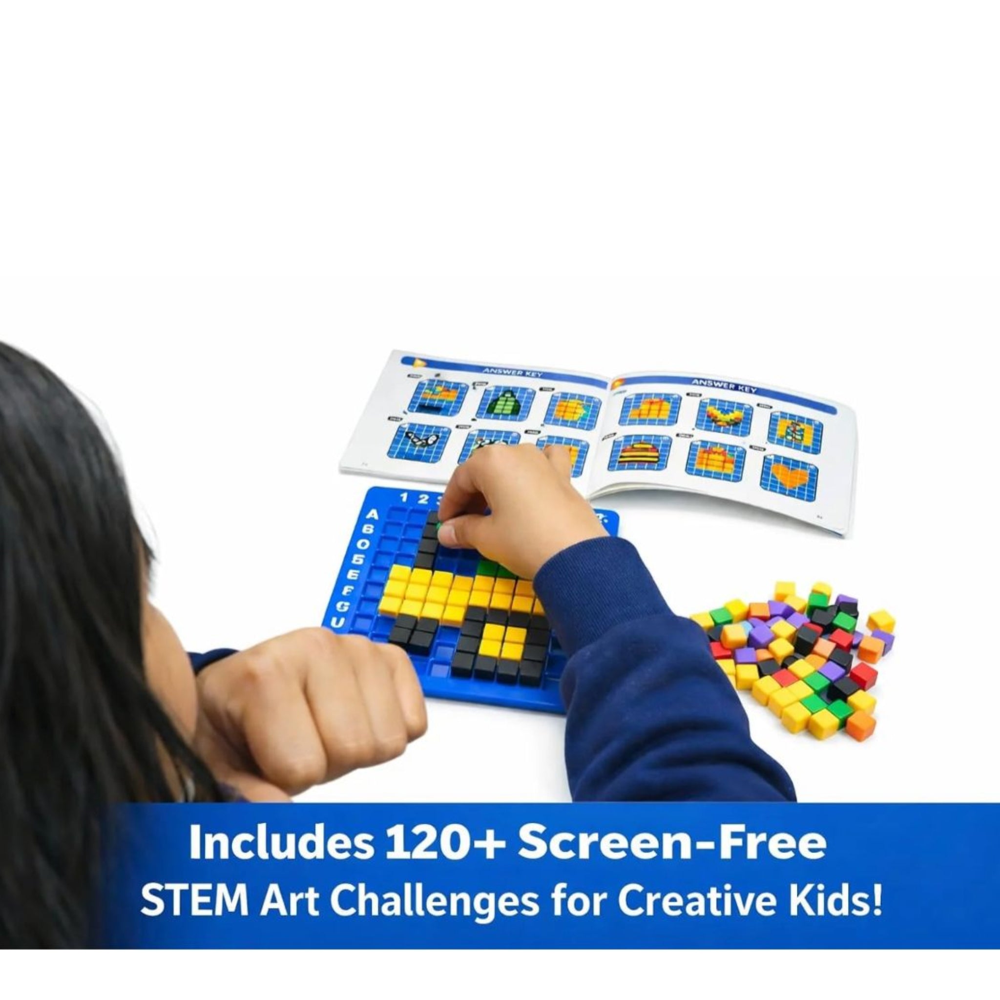 Child playing with a STEM educational toy set on a white background