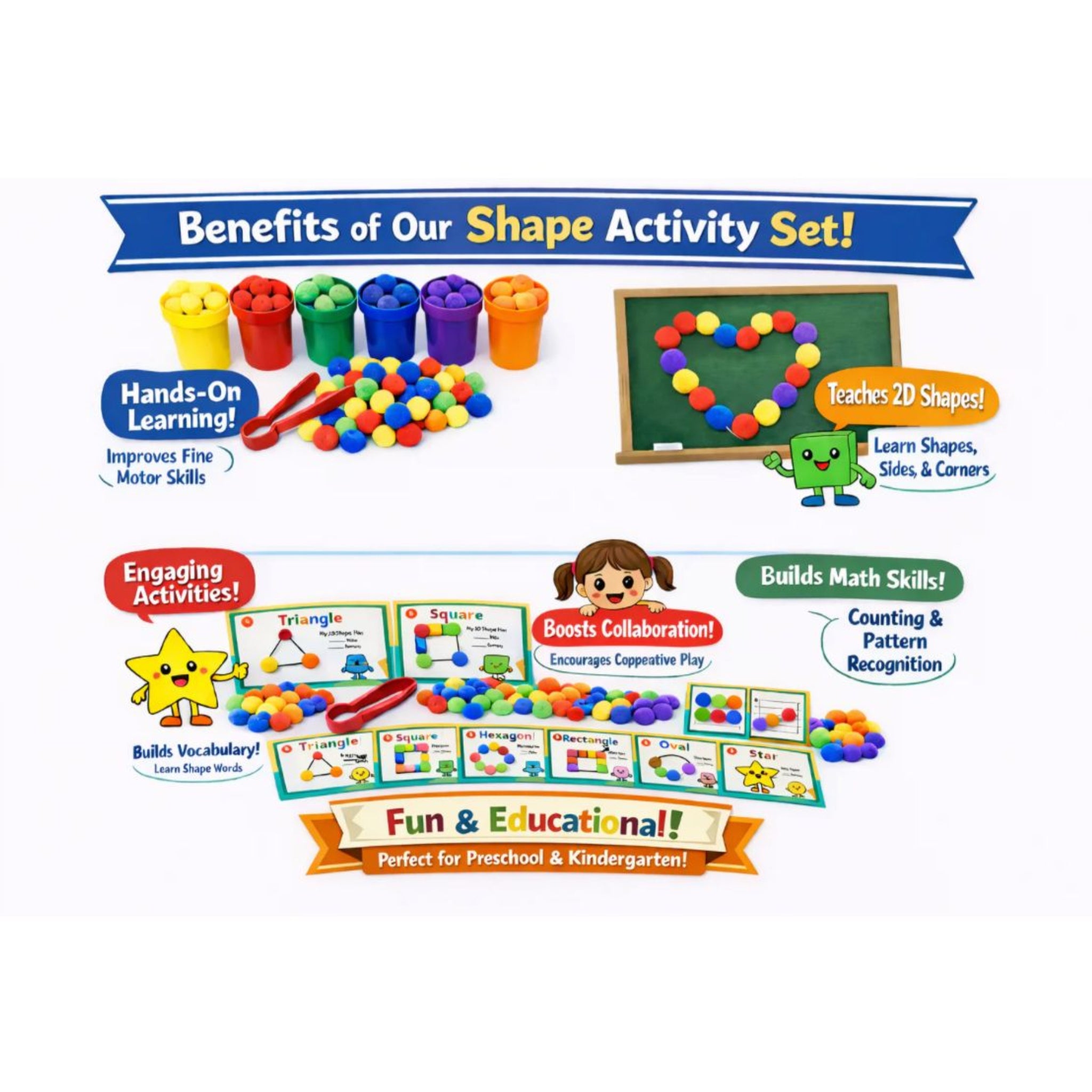 Promotional image of a shape activity set with educational benefits highlighted.