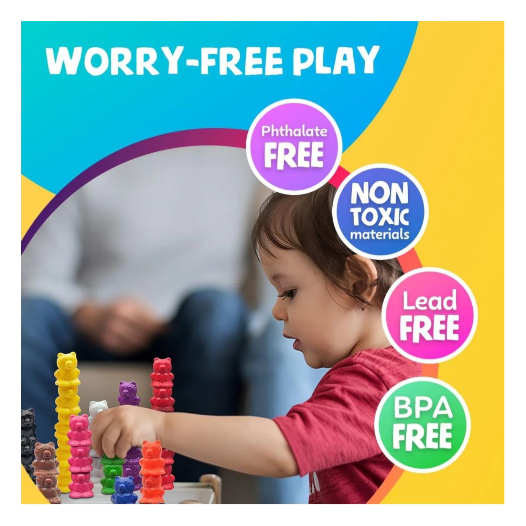 Child playing with colorful toys on a bright background with safety feature labels.