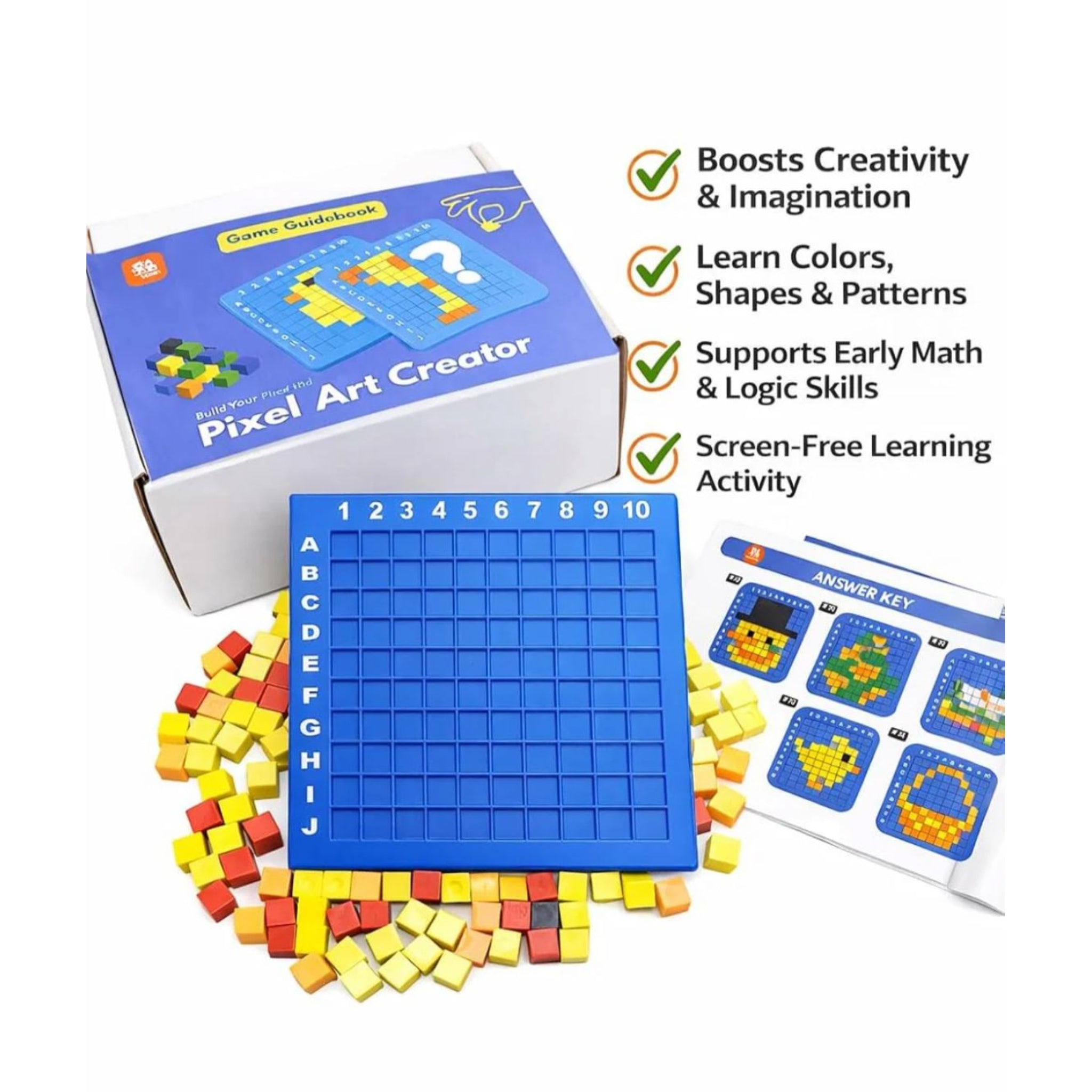 Pixel art creator set with colorful blocks, board, and guidebook on a white background