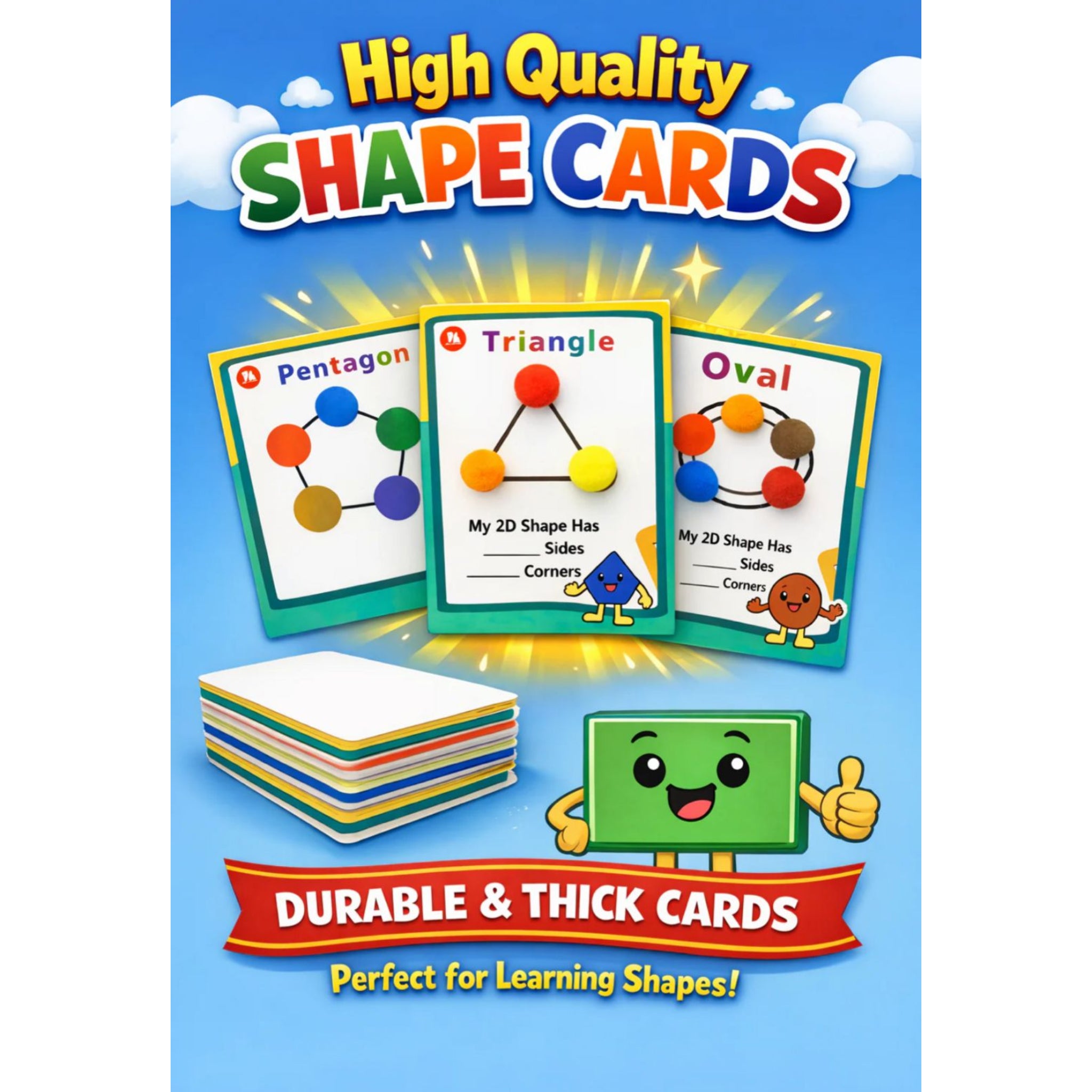 Shape cards with colorful illustrations on a blue background