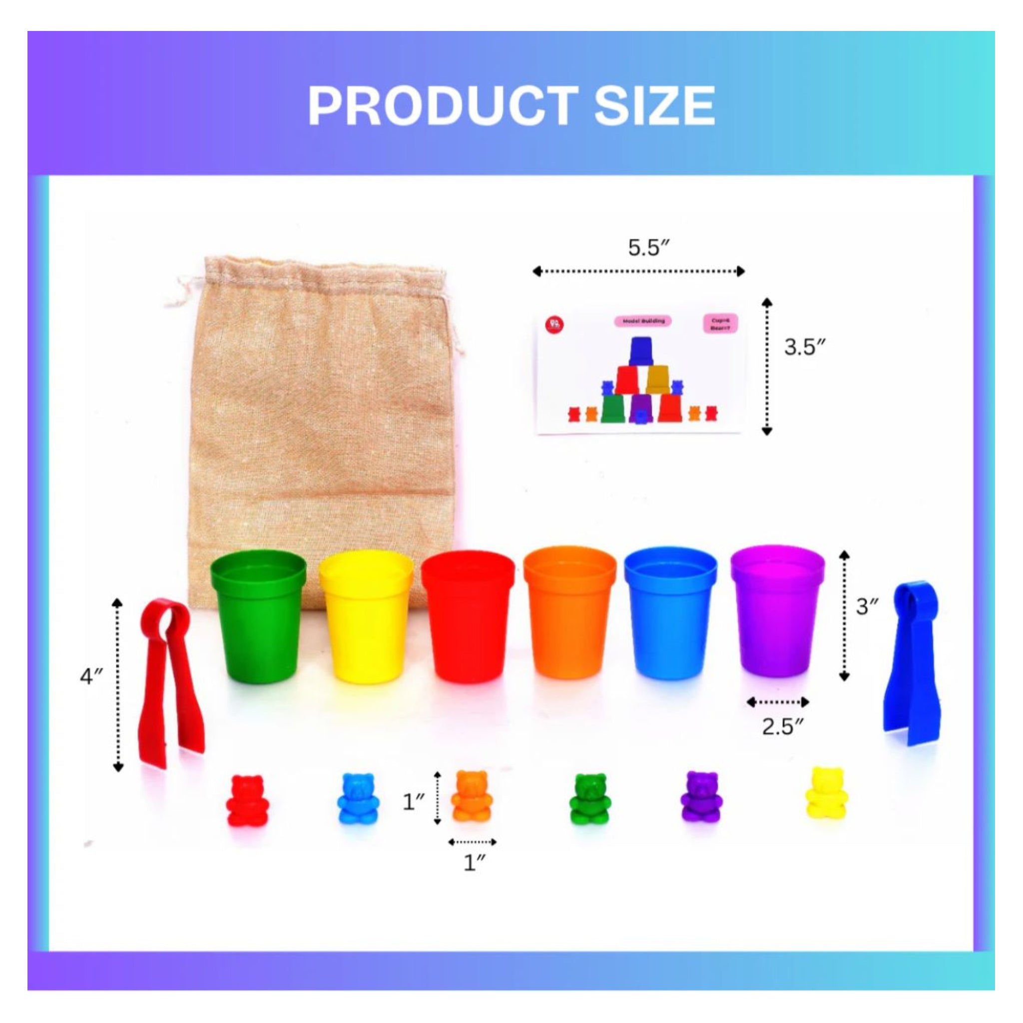 Colorful cups and accessories with measurements on a white background