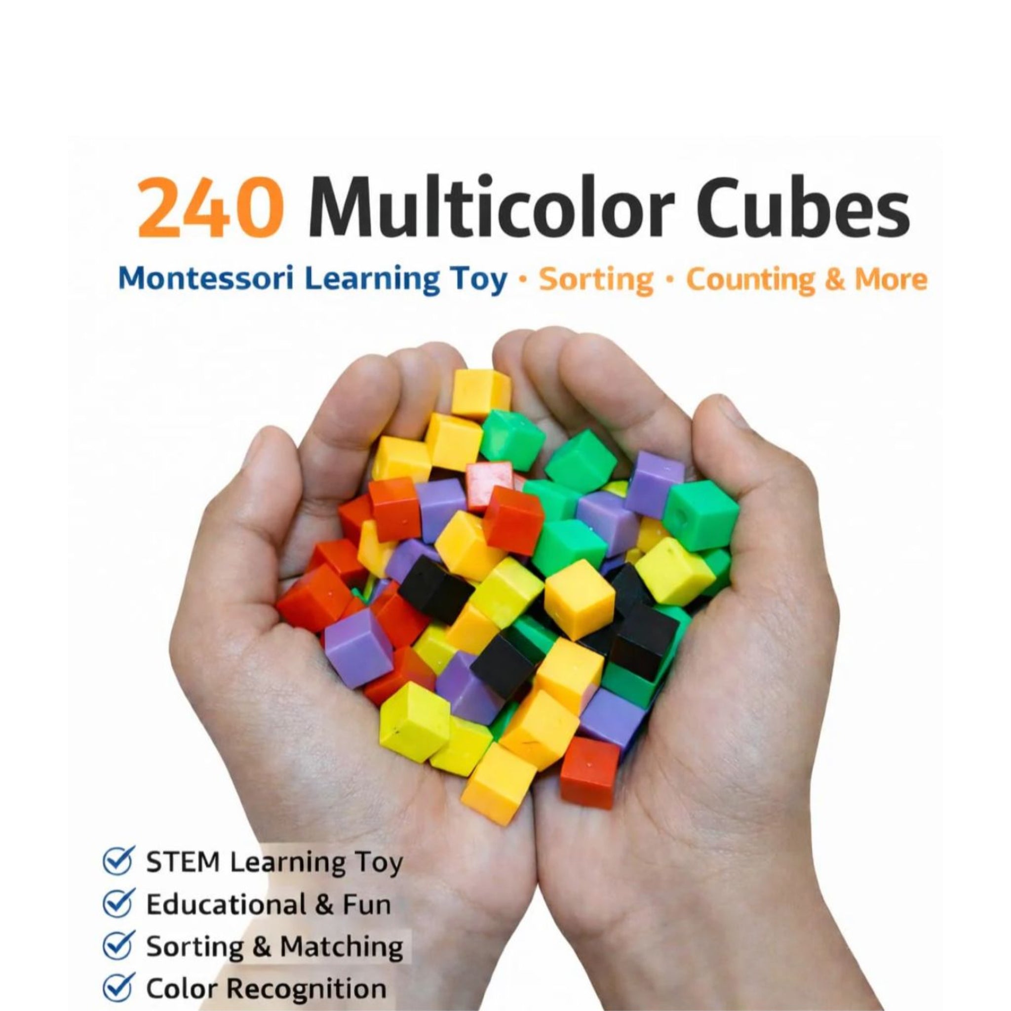 Multicolor cubes held in hands with text about a Montessori learning toy.