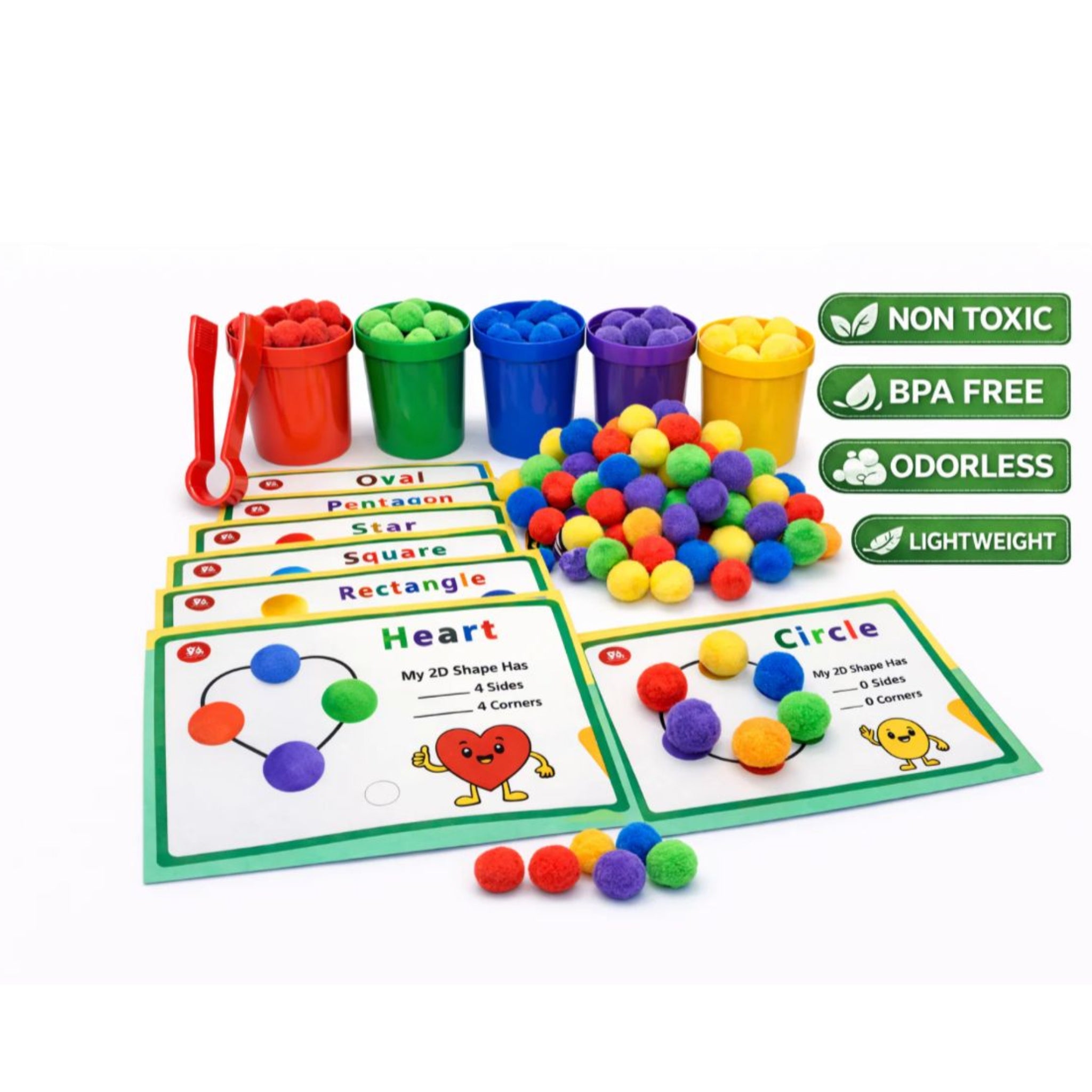 Colorful educational toy set with shape cards and buckets on a white background