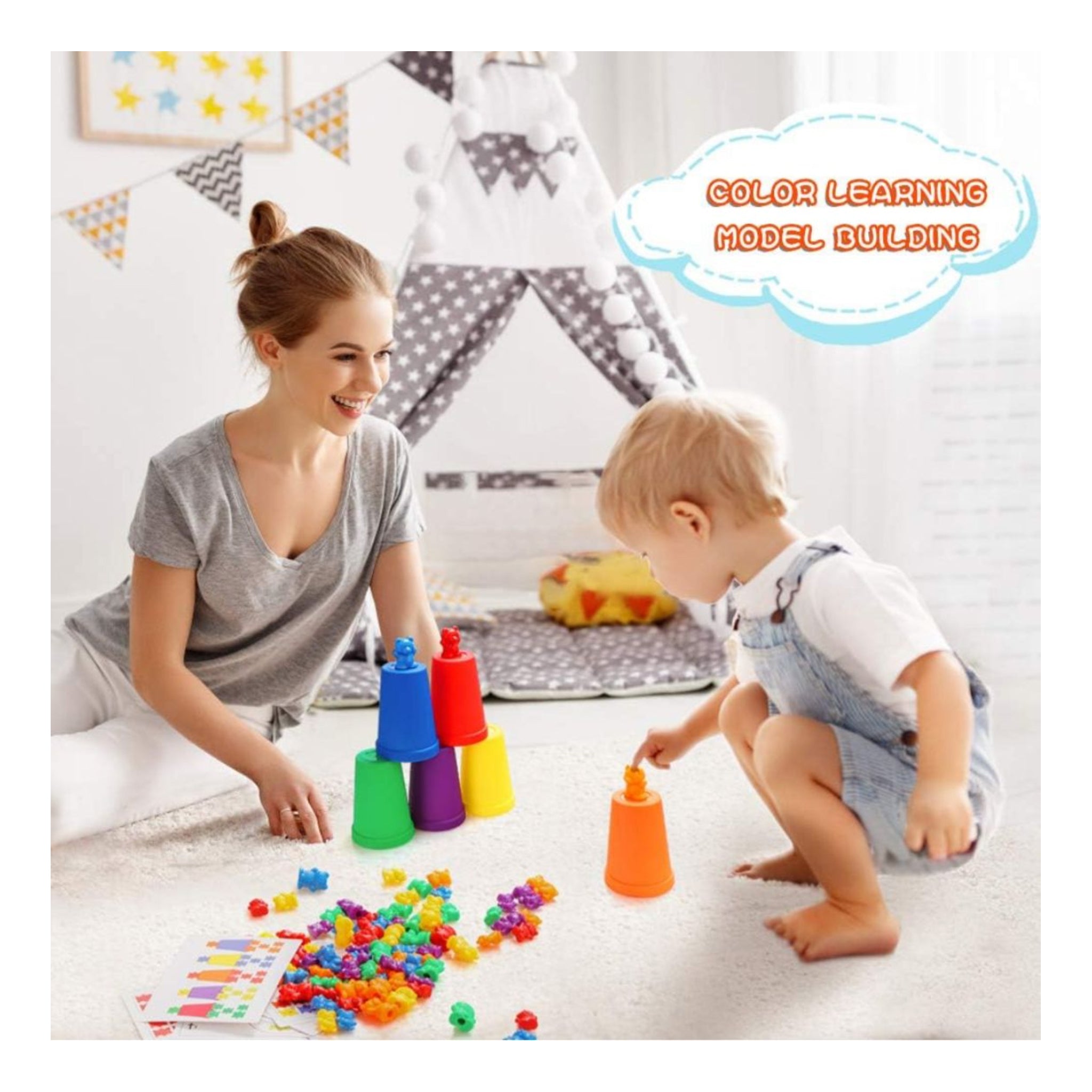 Woman and child playing with colorful building blocks in a room.