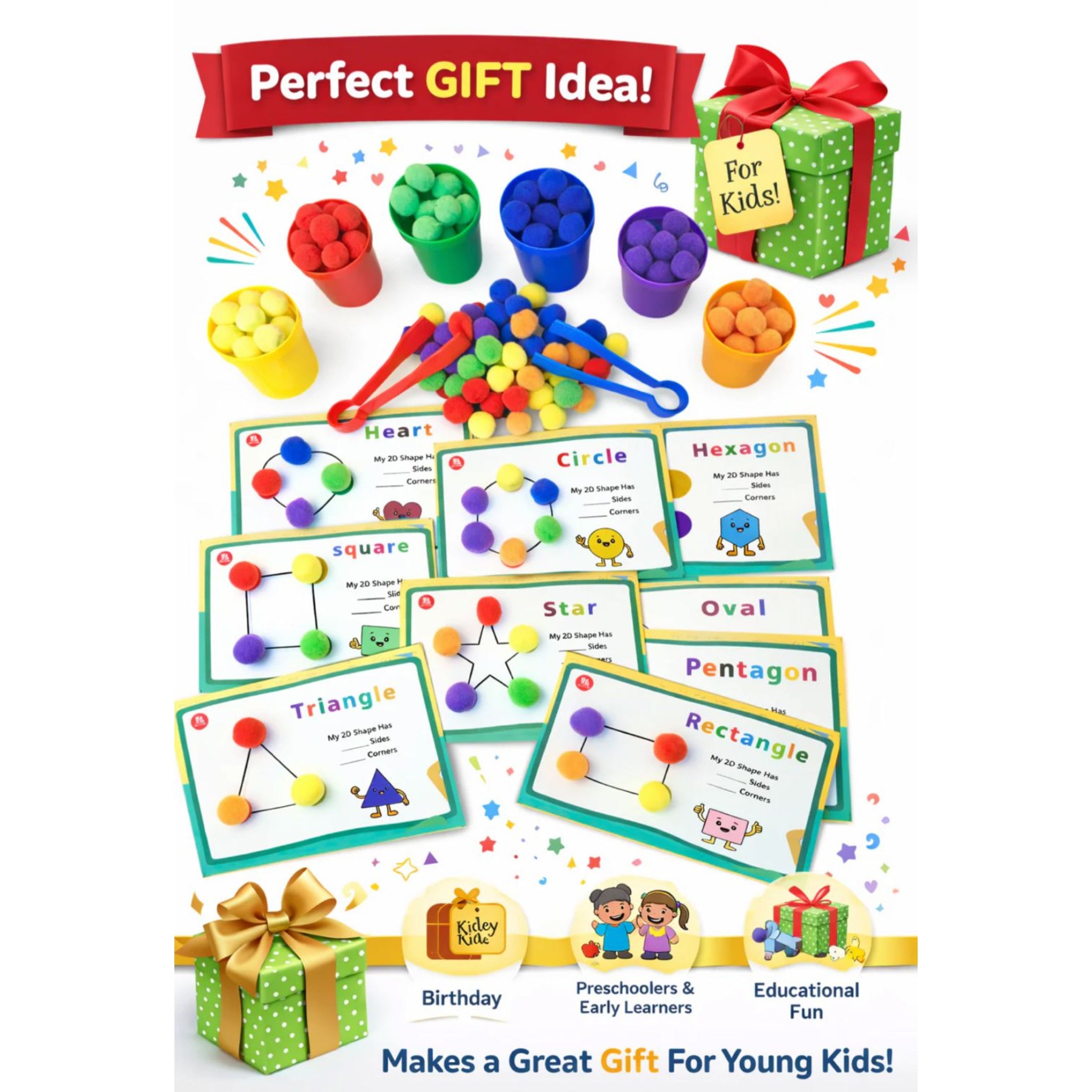 Educational toy set with cards and colorful items, labeled as a perfect gift idea for kids.