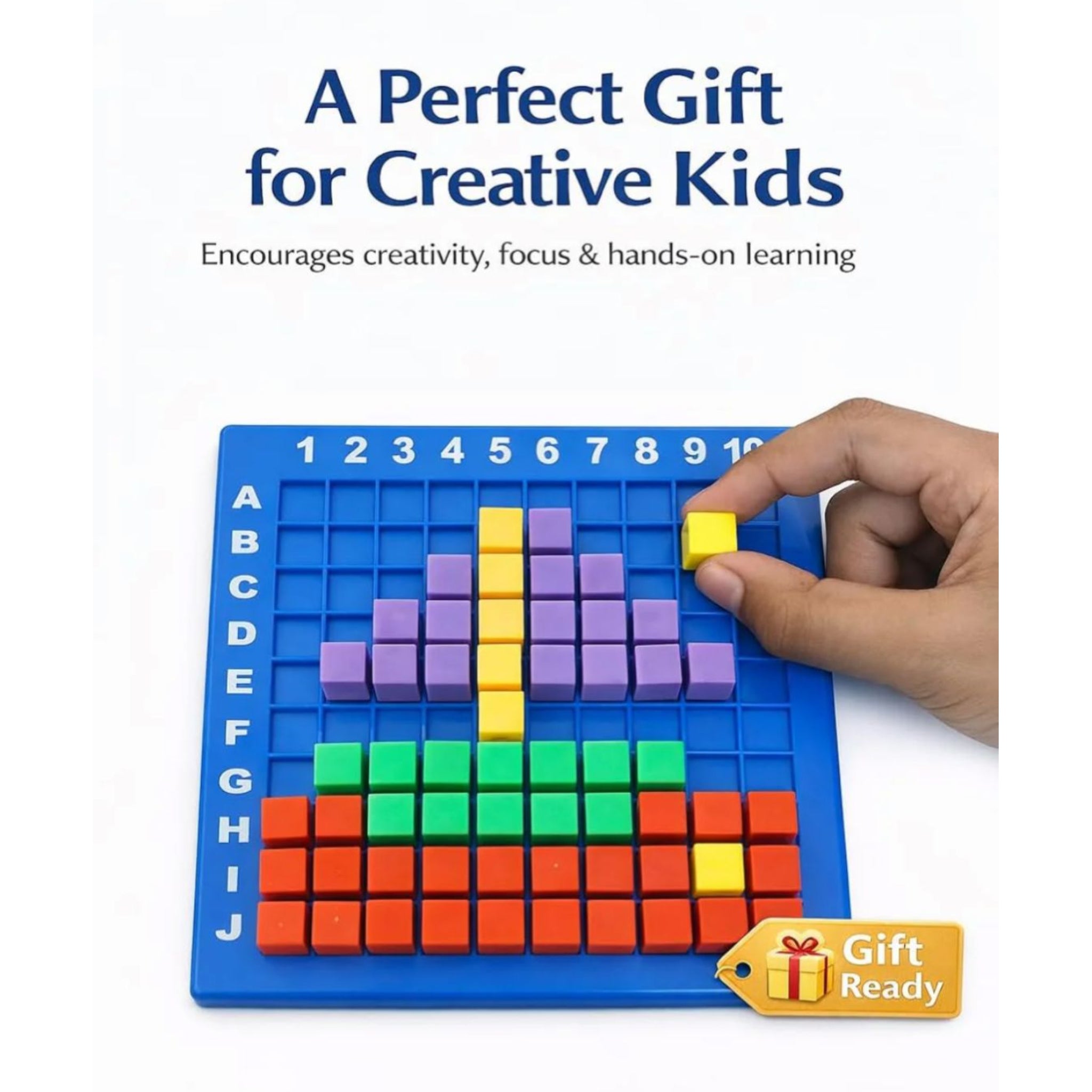 Colorful educational toy with a hand placing a square piece, labeled 'A Perfect Gift for Creative Kids'.
