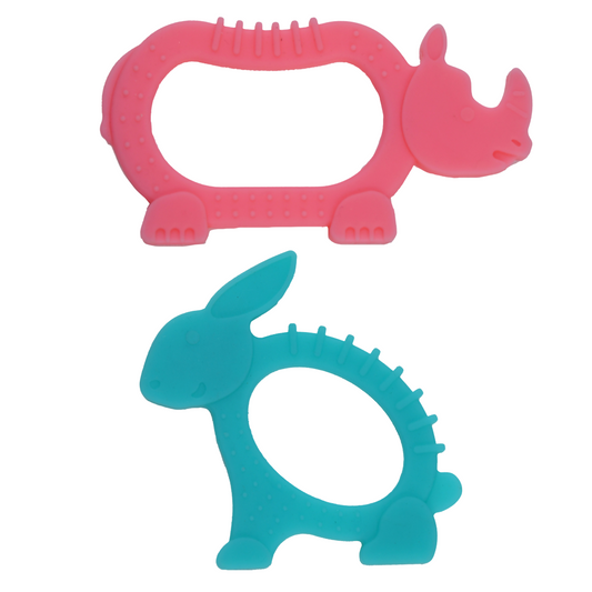 BabyBundle Animal Silicone Teether (Pack of 2) (Pink & Green)